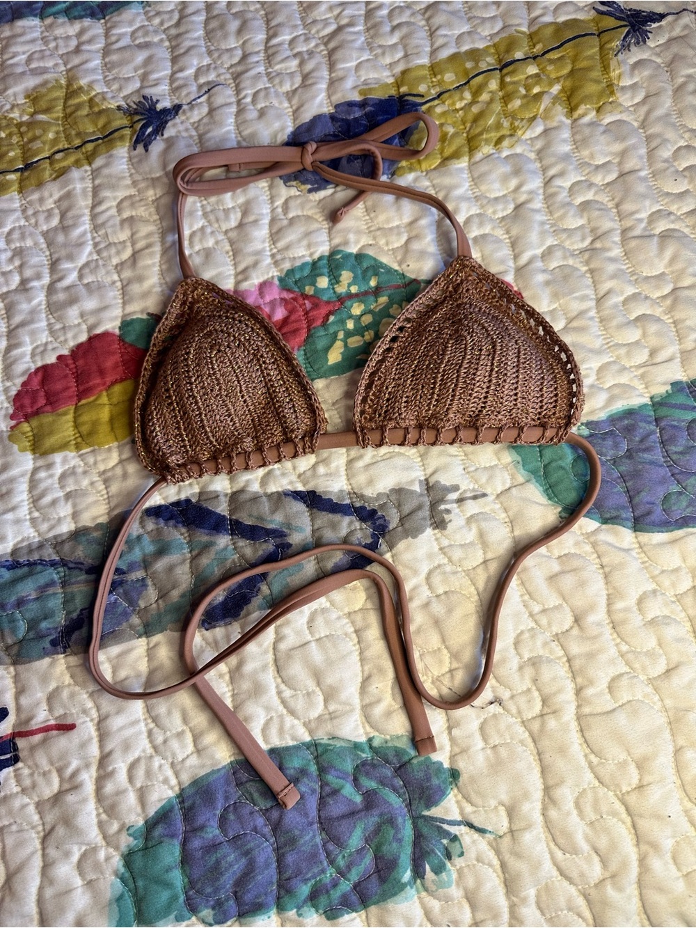 Xhilaration Boho Brown Crochet Sparkle Triangle Bikini Top Tie Straps Small